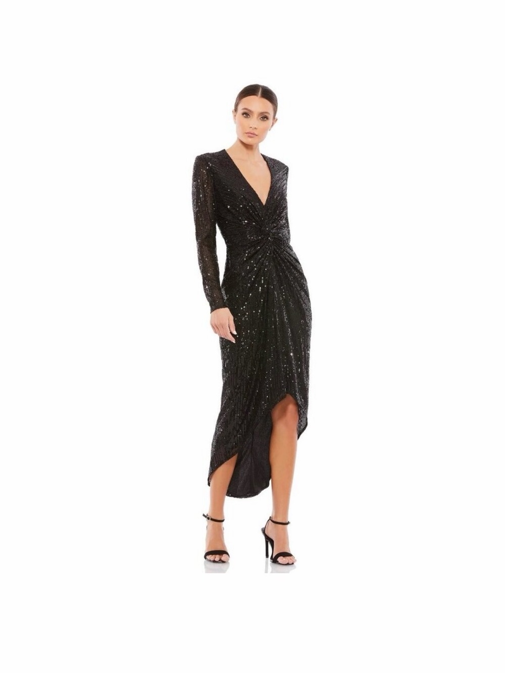 NWT Mac Duggal Sequined High Low Front Twist Midi Dress Black 6 #A0555-56